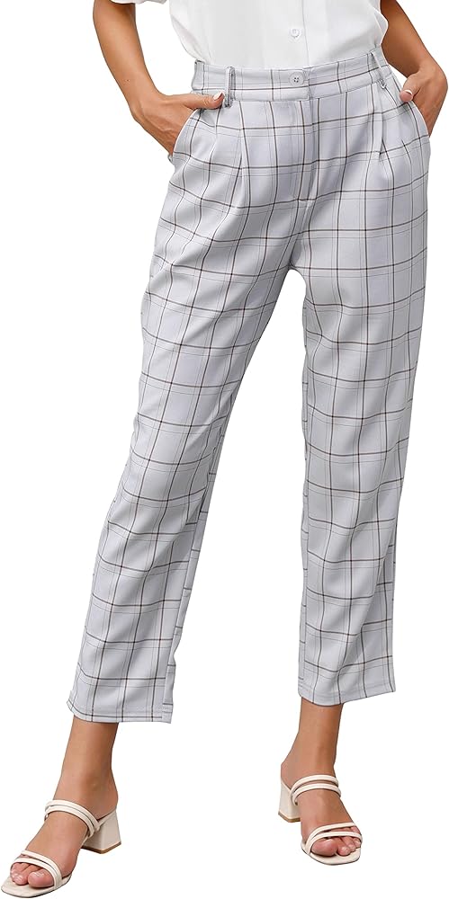 GRACE KARIN Women Casual Plaid Pants with Pockets Elastic Waist Pants