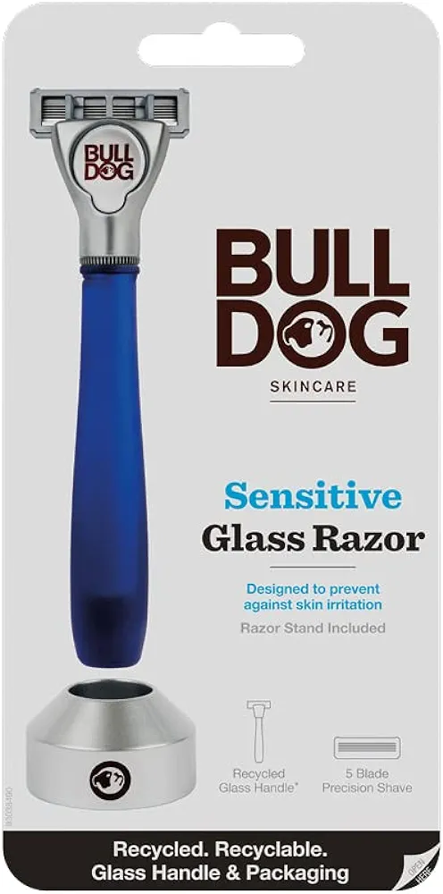 Bulldog Mens Skincare and Grooming Sensitive Recycled Glass Handle Razor with Razor Stand