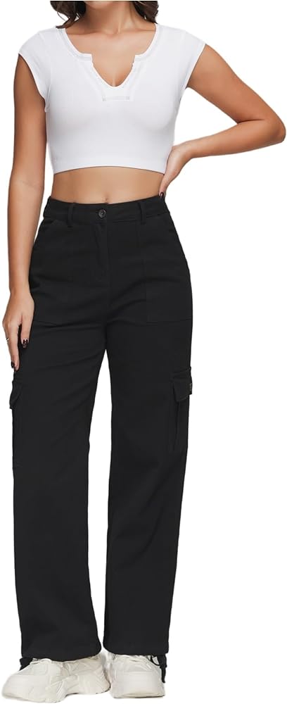 High Waisted Cargo Pants Women Wide Leg Y2K Baggy Stretchy Casual Pants Straight Slacks Streetwear with 6 Pockets