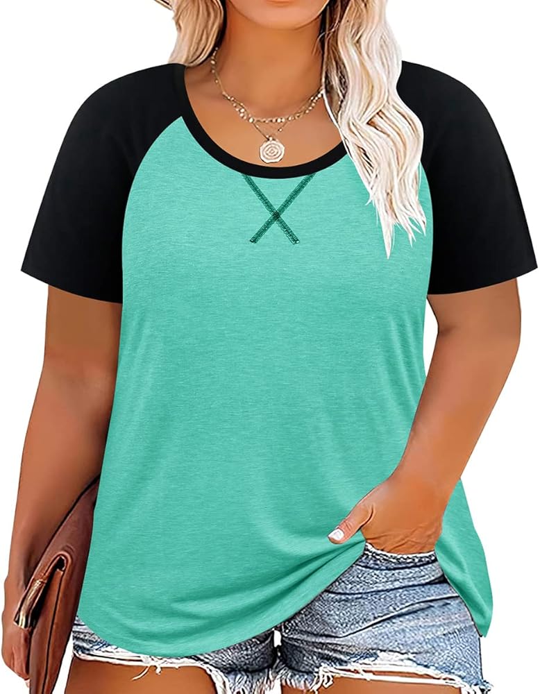 TIYOMI Plus Size T Shirt for Women Short Sleeve Tunic Cross Line Shirts Round Neck Tops Summer Blouse XL-5XL 14-28