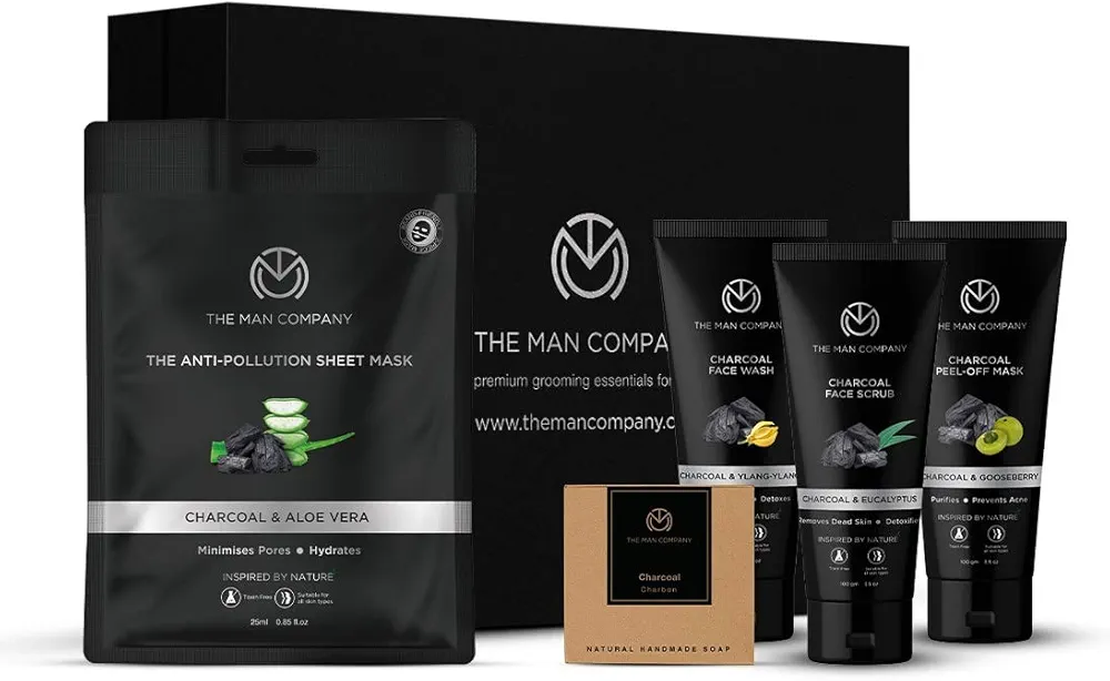 The Man Company De Tan Charcoal Facial Kit for Men with Face Wash, Face Scrub, Peel Off Mask, Sheet Mask, Soap for Whitehead & Blackhead Removal, Deep Skin Cleansing & Oil Control | Best Gift Set