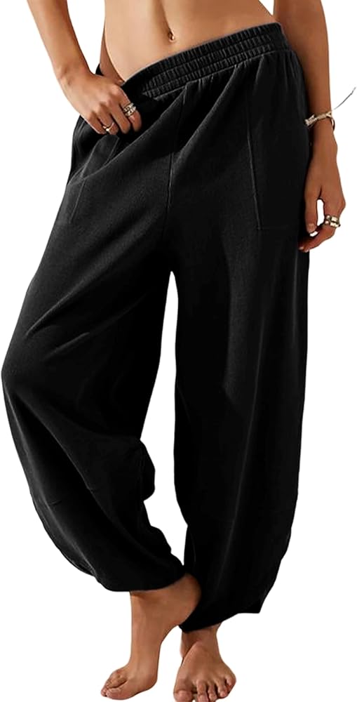 Springrain Womens Baggy Wide Leg Pants Cotton Elastic Waisted Loose Palazzo Harem Pants with Pockets