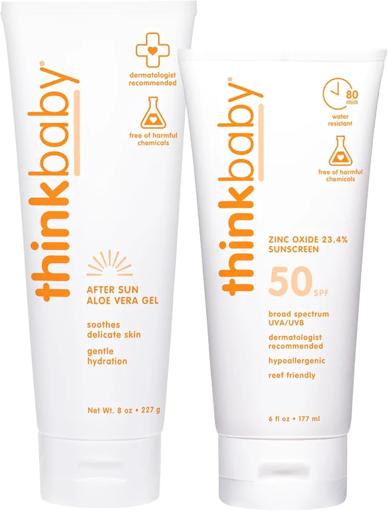 Thinkbaby Sunscreen & After Sun Bundle – 1x SPF 50+ Water Resistant Baby Sunscreen with Broad Spectrum UVA/UVB Protection (6oz) and 1x Aloe Vera After Sun Relief Gel (8oz)