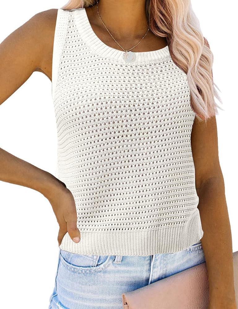 Womens Knit Sweater Vest Summer Tank Tops Round Neck Crochet Hollow Out Sleeveless Crop Top