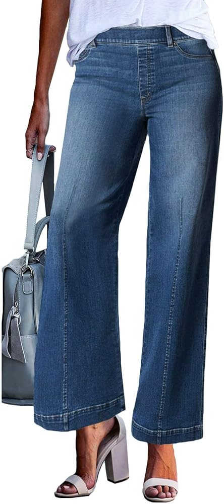 Womens Wide Leg Jeans High Waisted Pull On Bootcut Jeans Summer Trendy Stretch Boyfriend Denim Pants with Pockets