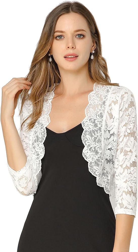 Allegra K Women's Elegant 3/4 Sleeve Sheer Floral Lace Shrug Top