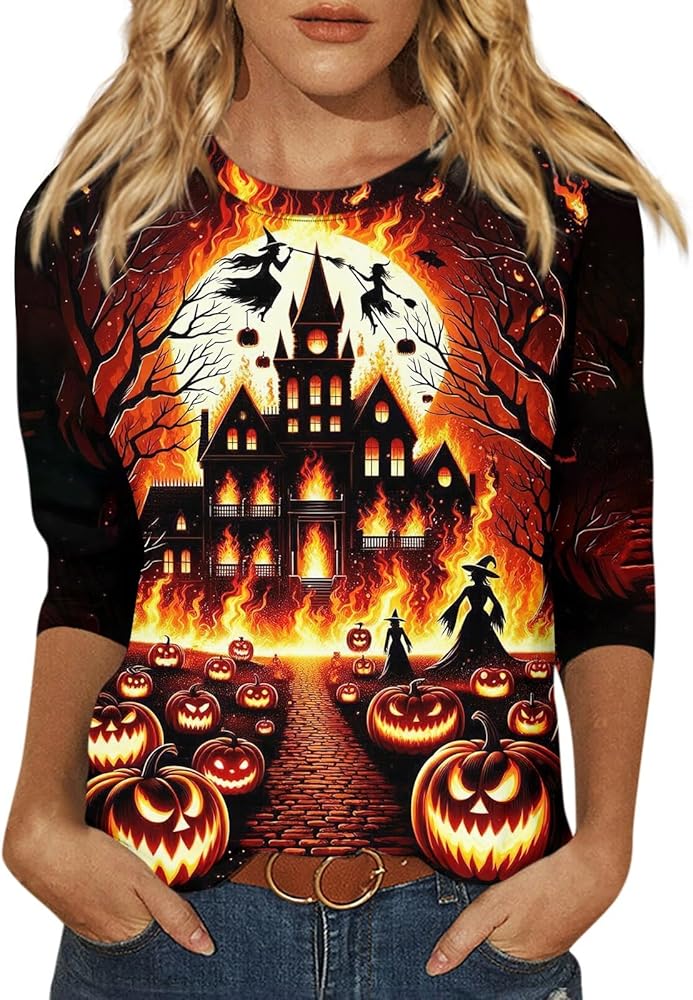 Halloween Costumes 3/4 Sleeve Round Neck Tops Oversized Cute Blouse Trendy Casual Tunic Loose Fit Printed tee