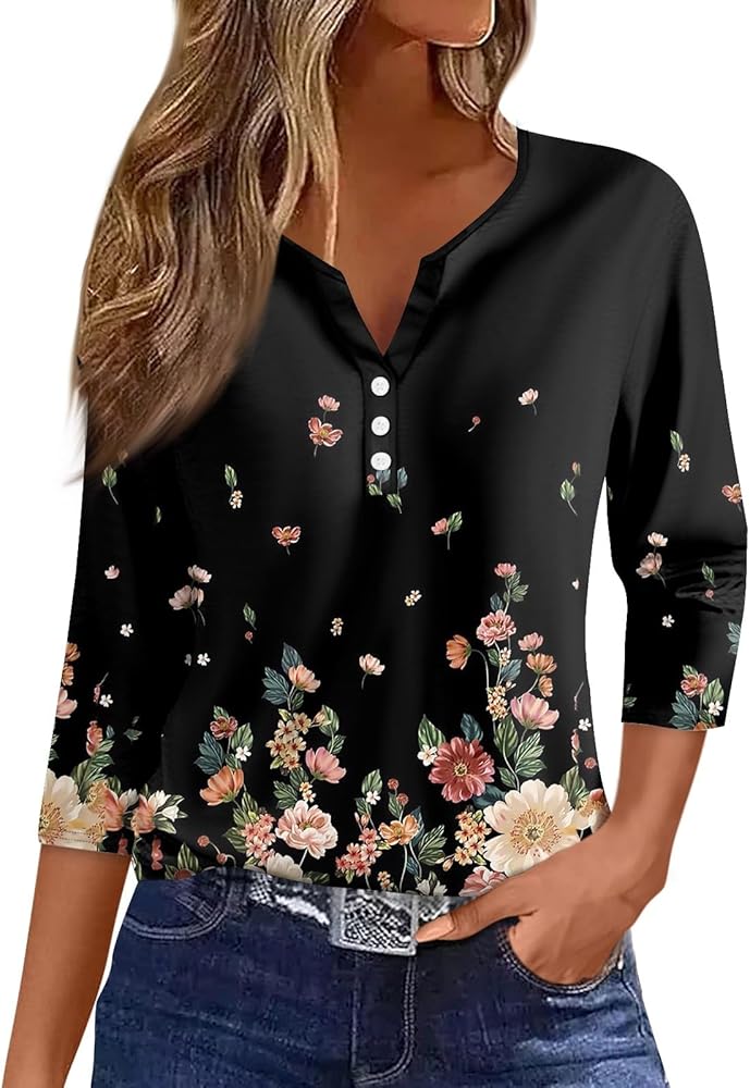 Fall Clothes for Women 2024 Button 3/4 Sleeve Tshirt Trendy Tops V Neck Clothes Printed Tunics Blouses Basic Shirts