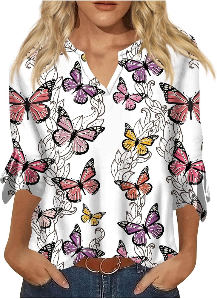 Summer Tops for Women 2024,Ladies Tops and Blouses 3/4 Bell Sleeve V Neck T Shirts Loose Fit Floral Tops Summer Shirt