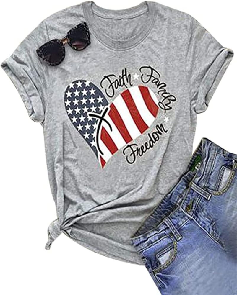 Womens American Flag Shirt 4th of July T-Shirt Patriotic Short Sleeve Tee USA Flag Stripe Star Summer Blouse Tops