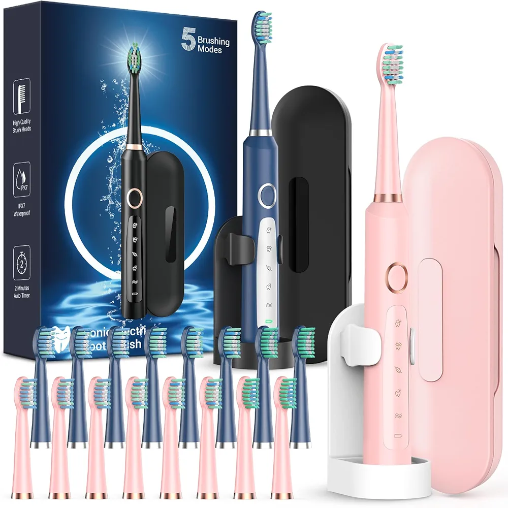 Rtauys 2 Pack Sonic Electric Toothbrush for Adults，with 8 Brush Heads and Travel Case, 3 Hours Charge for 120 Days - Pink & Blue