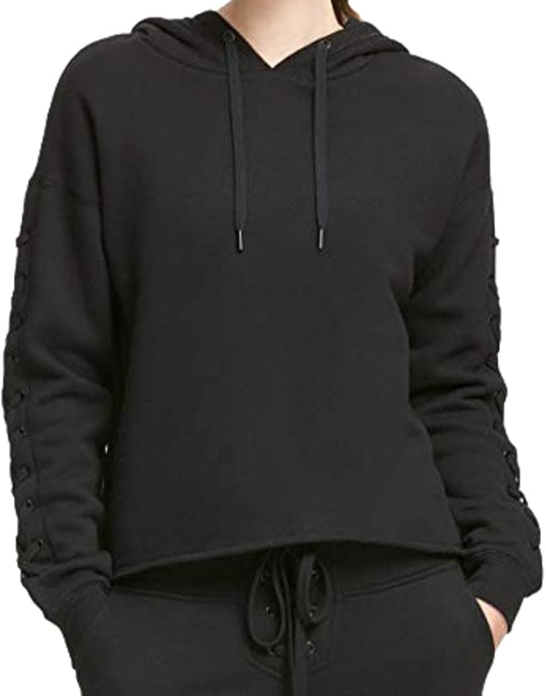 DKNY Womens Logo Lace Up Sleeve Cropped Hoodie,Black,X-Large