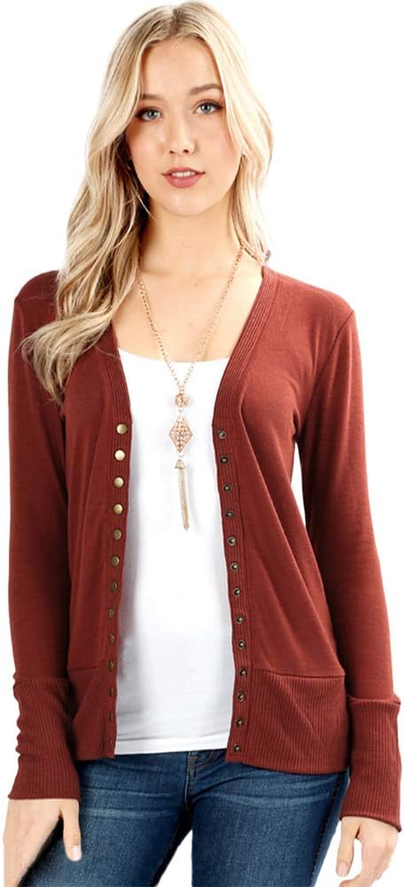 Cardigans for Women Long Sleeve Cardigan Knit Snap Button Sweater Regular & Plus - Dark Rust (X-Large)