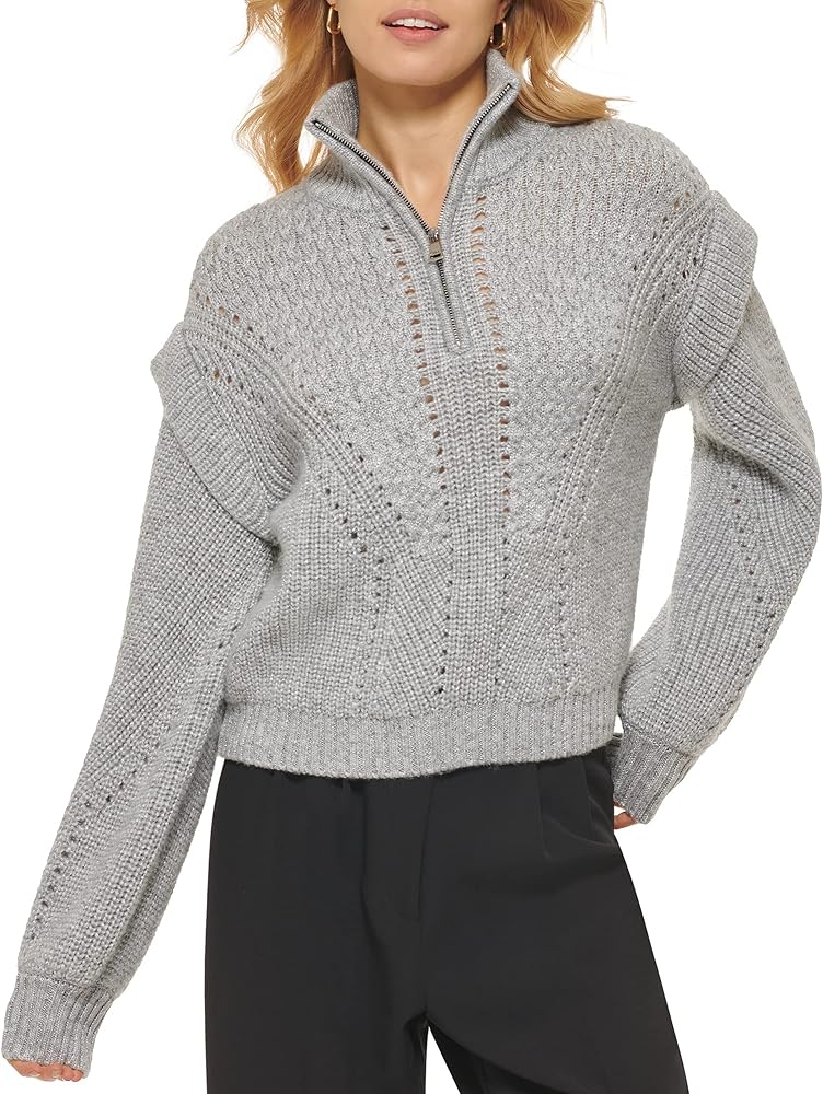 DKNY Women's Quarter Zip Cable Knit Long Sleeve Sweater