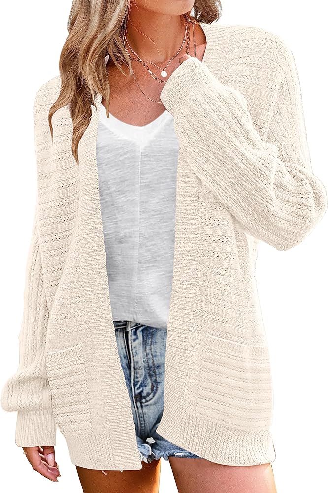 MEROKEETY Women's Puff Long Sleeve Cable Knit Cardigan Sweaters Open Front Outwear with Pockets