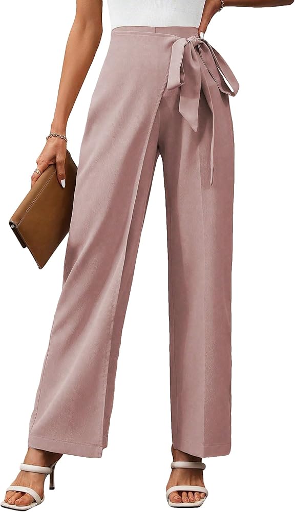 MakeMeChic Women's Solid Elastic High Waist Wide Straight Leg Pants Office Trousers Suit Pants