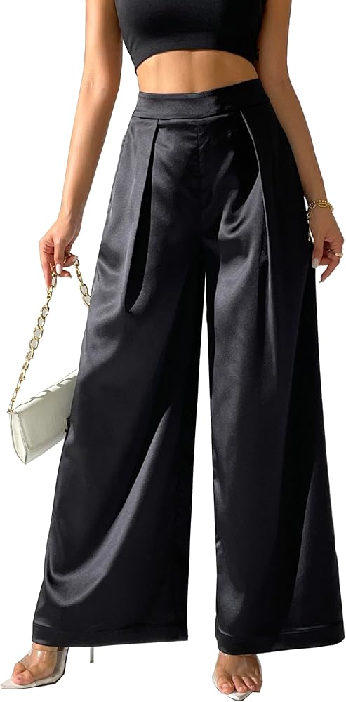 Women's Satin Wide Leg Palazzo Pants Plicated Silky Pull on Party Dress Casual Pant Trouser