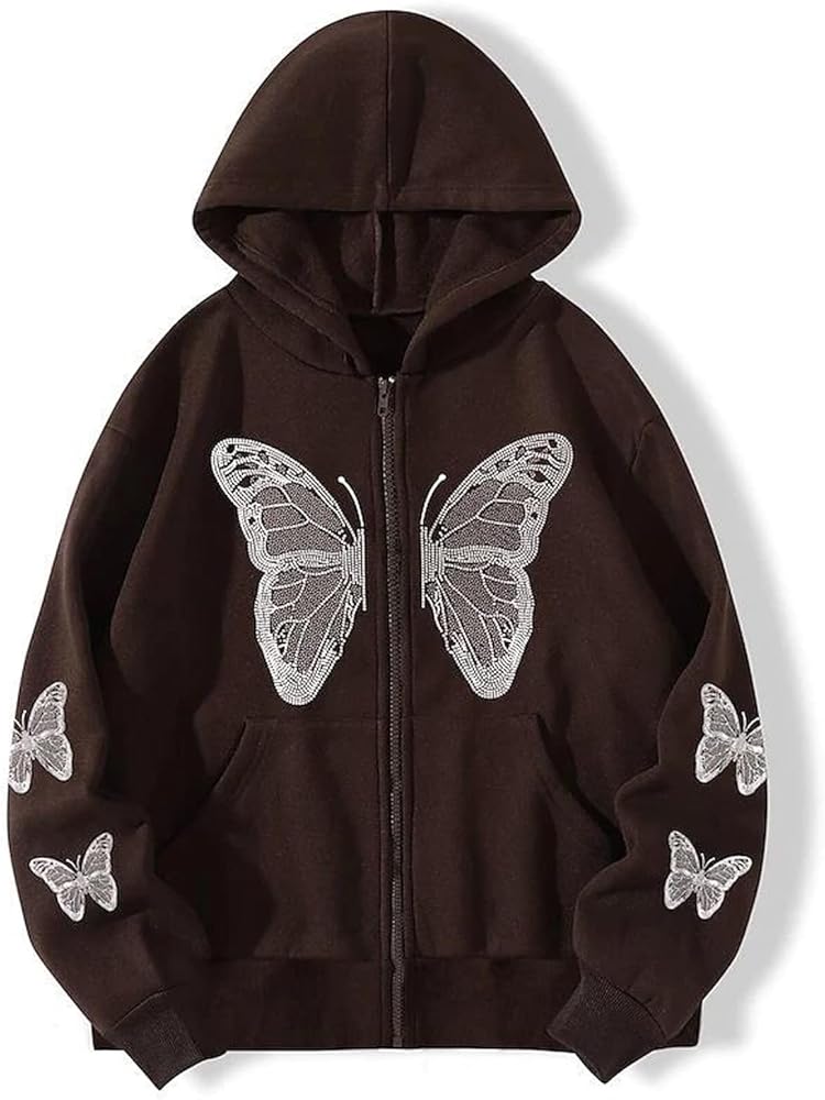 Harajuku Women's Zipper Connecting Gothic Butterfly Printing Hatshirt Y2K zipper retro -graphic hoodie