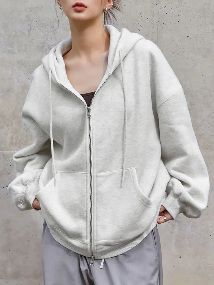 Sweatshirtw for Women - Drop Shoulder Zip Up Drawstring Hoodie (Color : Light Grey, Size : Large)