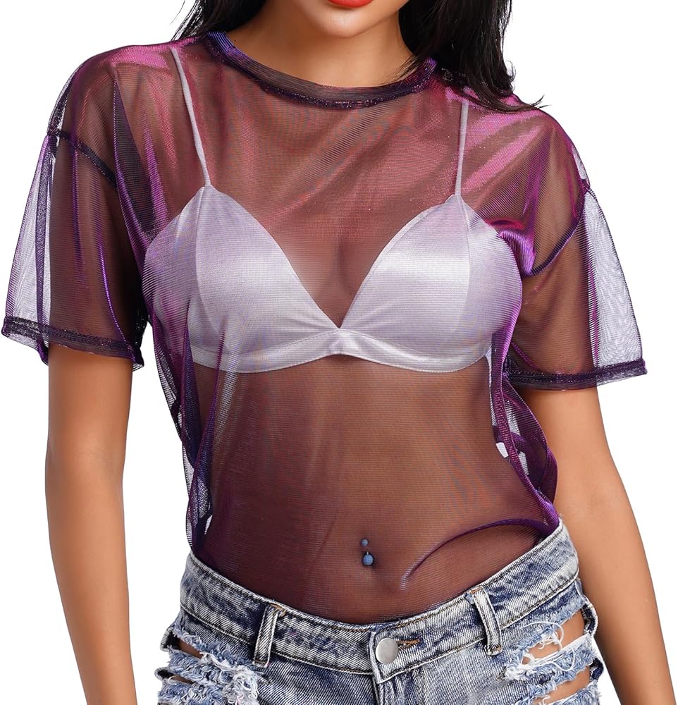 Women's Sparkly See Through Sheer Mesh Short Sleeve Shirts Tops Tees Blouse Concert Tops Sexy Rave Outfit Clubwear