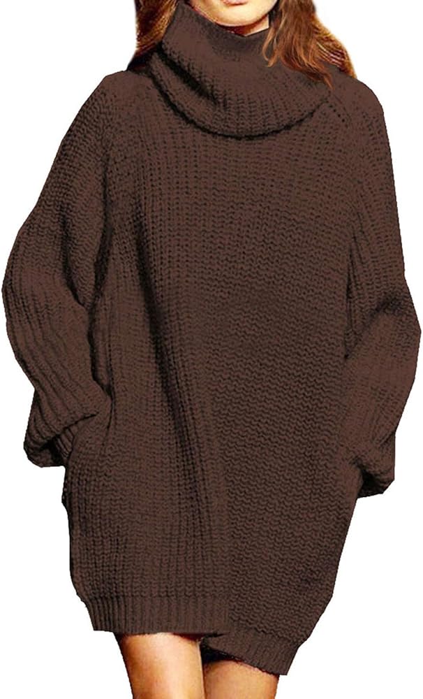 Pink Queen Women's Loose Turtleneck Oversize Long Pullover Sweater Dress Coffee S