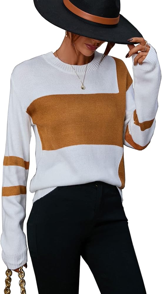 shermie Women's Long Sleeve Crew Neck Sweater Colorblock Casual Knitted Pullover Sweaters