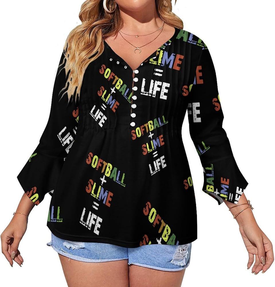 Softball Slime Life Cute Womens T-Shirts 3/4 Sleeve Button Down Tee Tops Blouse Summer Beach