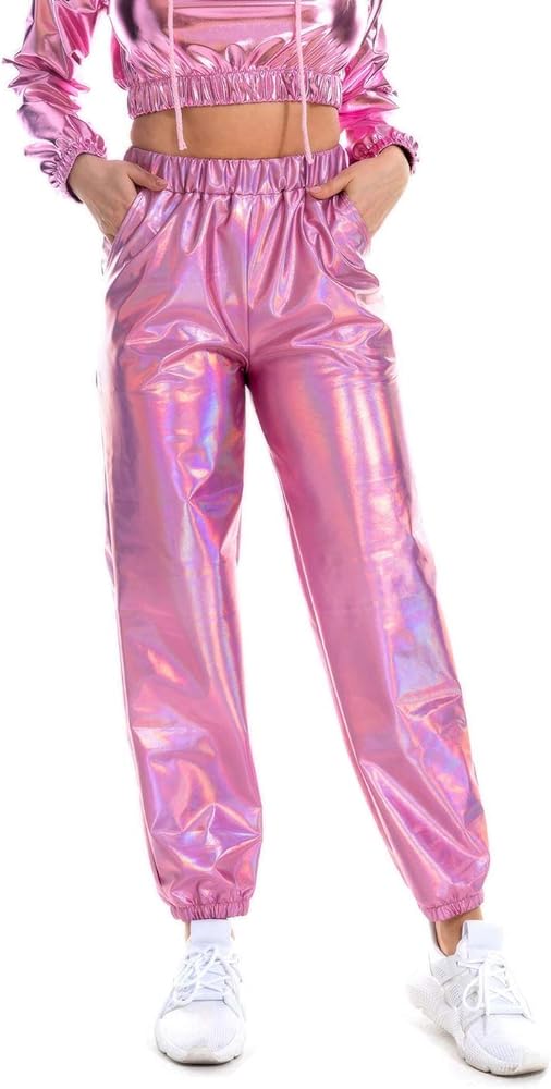 Zaxicht Womens Metallic Shiny Jogger Pants, Casual High Waisted Harem Pant Holographic Color Hip Hop Trousers Streetwear