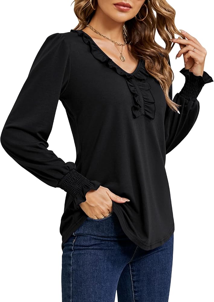 Ivicoer Womens Fall Long Sleeve Tops 2024 V Neck Shirts Smocked Ruffle Tunic Blouses