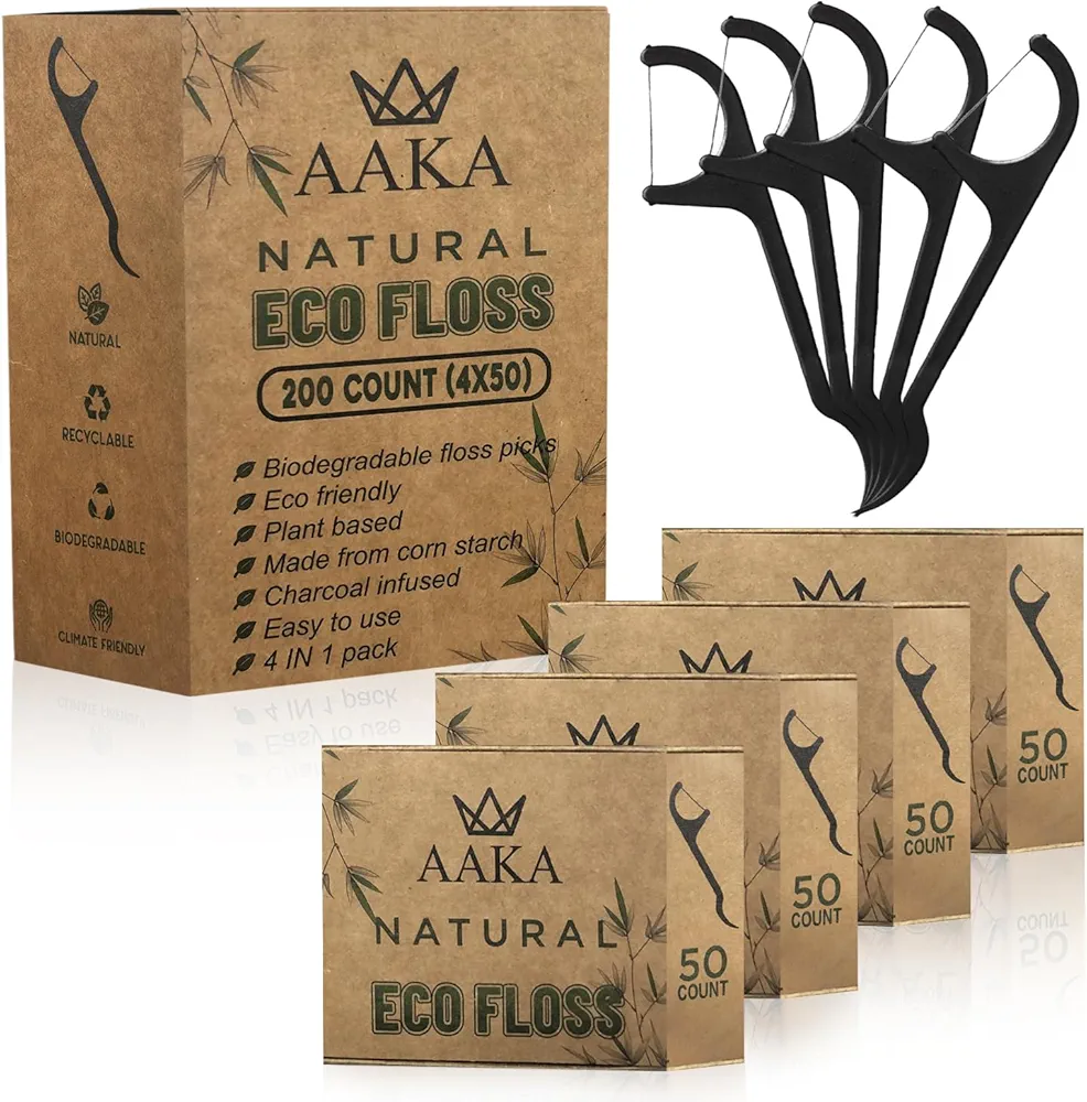 Biodegradable Dental Floss Picks- Plant Based- Eco Friendly Oral Care with Vegan Floss & Tooth Picks Soft on Gum and Teeth. 4 Pack in a Box (200 Count)