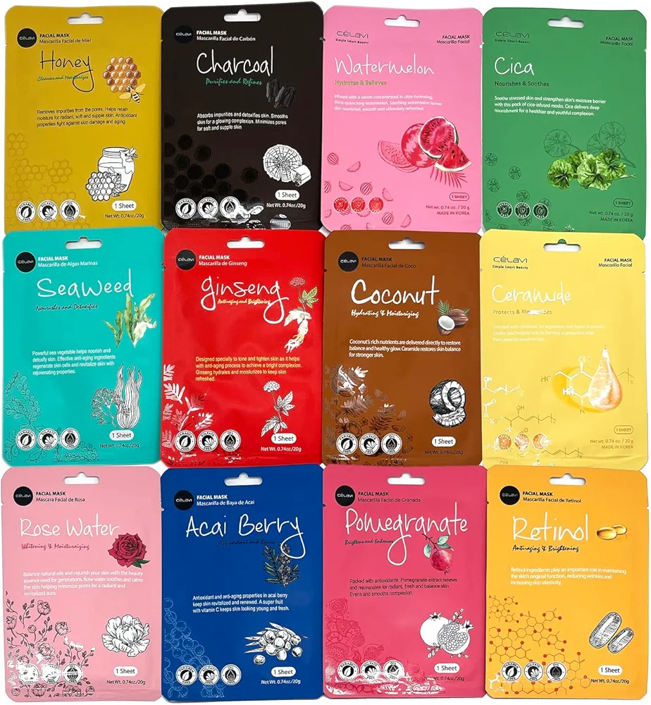 Celavi K-Beauty Skincare Essence Facial Face Mask Korea Skin Care Moisturizing B Set 12 Pack