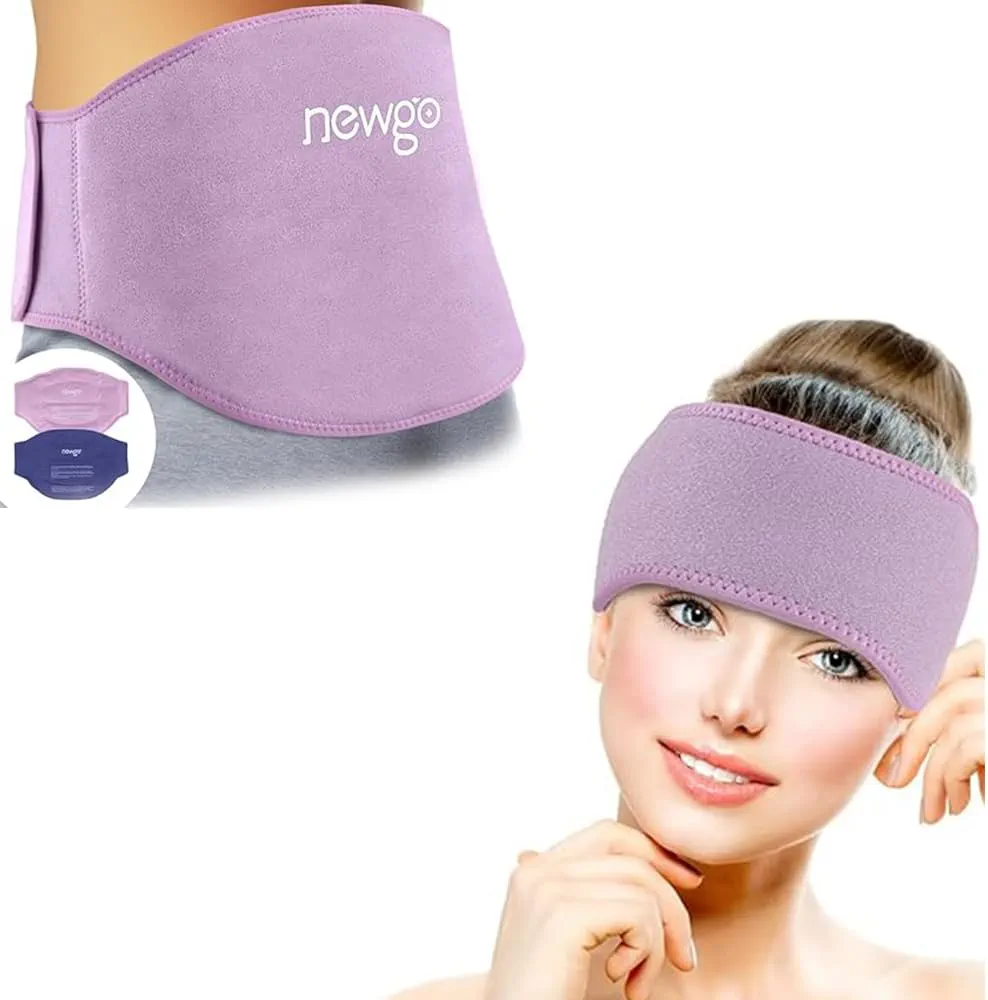 NEWGO Bundle of 1 Lower Back Ice Pack with 2 Gel Packs + 1 Headache Ice Wrap Purple