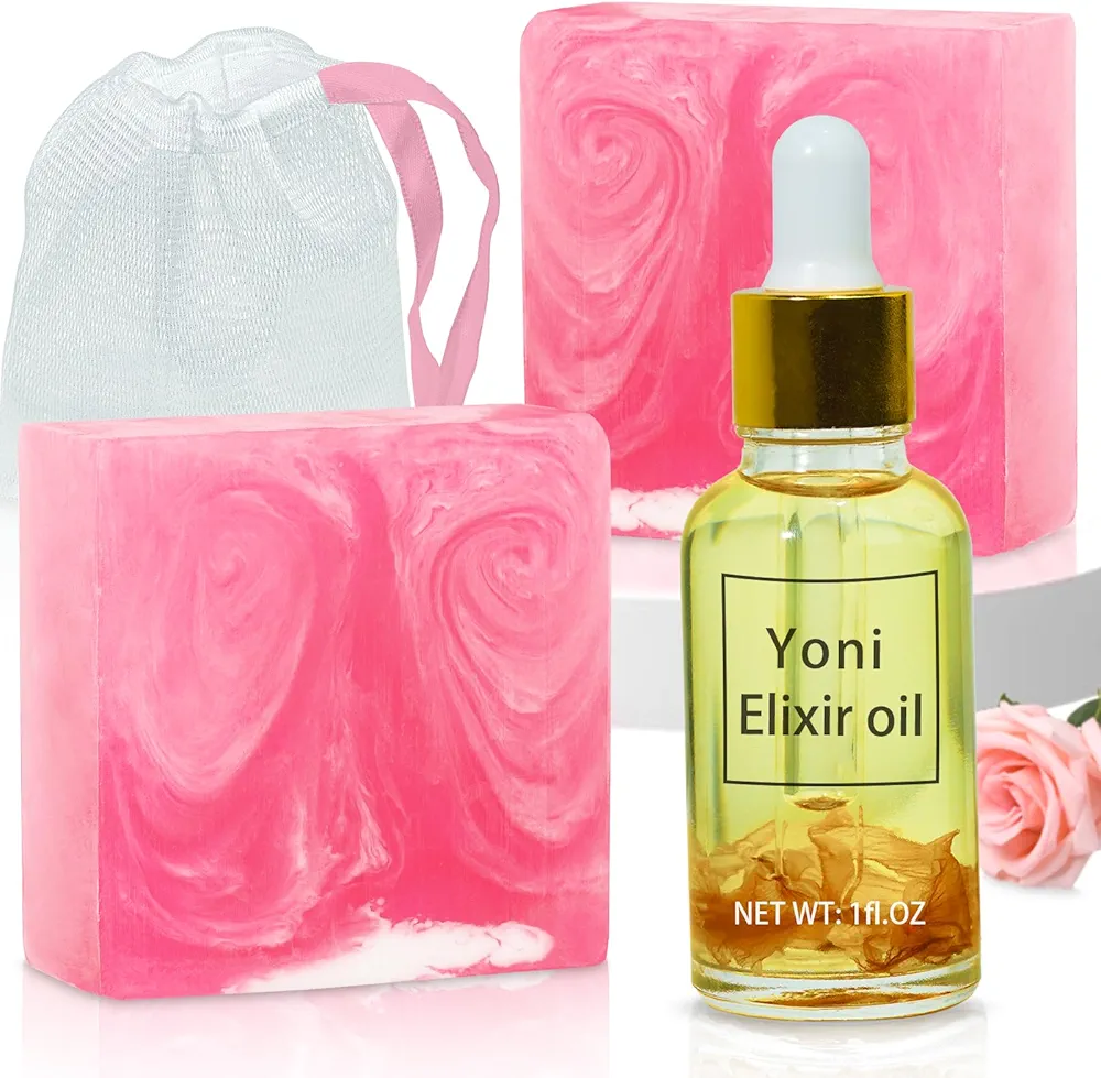 Yoni Soap Bars Yoni Oil Feminine Wash Set, Vaginal Wash Yoni Wash for Women PH Balance, Hand Made and Organic Yoni Bar Soap for Face & Body 1 fl.oz Feminine Oil & 2 * 3.52oz shower Soap bars, Rose