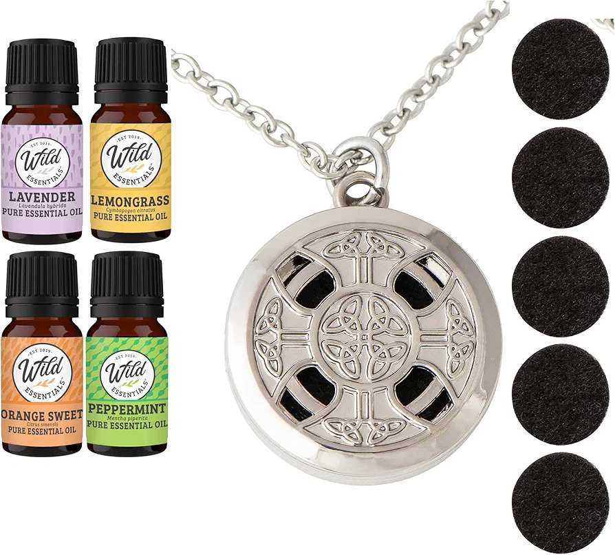 Wild Essentials Celtic Cross Necklace Essential Oil Diffuser Kit with Lavender, Lemongrass, Peppermint, Orange Oils, 6 Refill Pads, Calming Aromatherapy Gift Set, Customizable Color Changing, Perfume