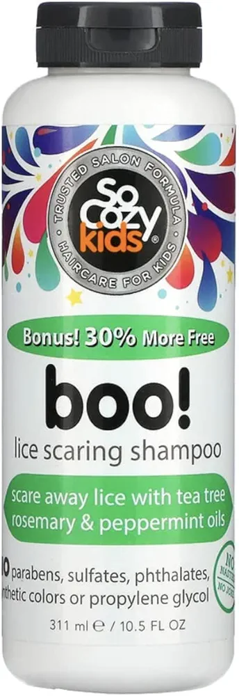 SoCozy Boo! Lice Scaring Shampoo For Kids Hair, Effective Lice Treatment (10.5 Fl Oz) Scare Away Lice with Tea Tree, Rosemary and Peppermint Oils, No Parabens, Sulfates, Synthetic Colors or Dyes