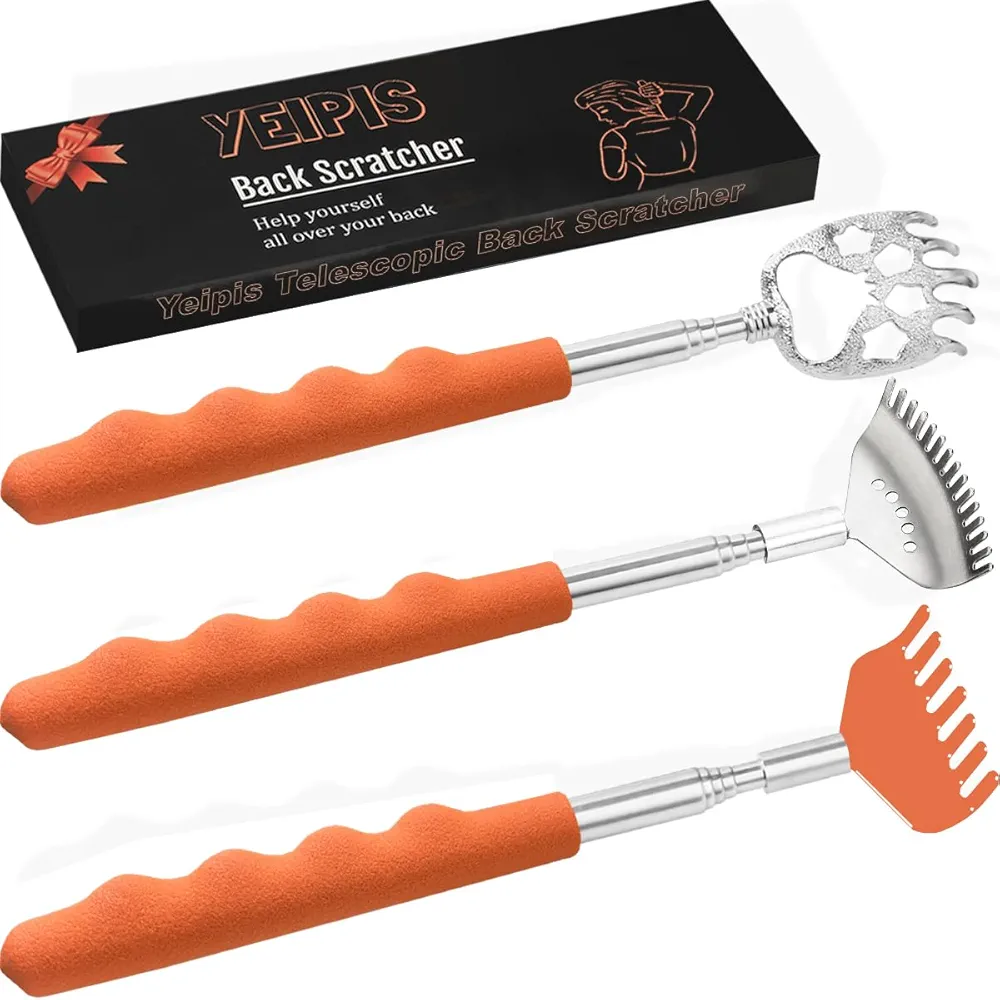 3 Pack Different Back Scratcher,Metal Portable Telescoping Back scratchers with Beautiful Box Great Stocking Stuffers for Men Women Kids Adults（Orange）