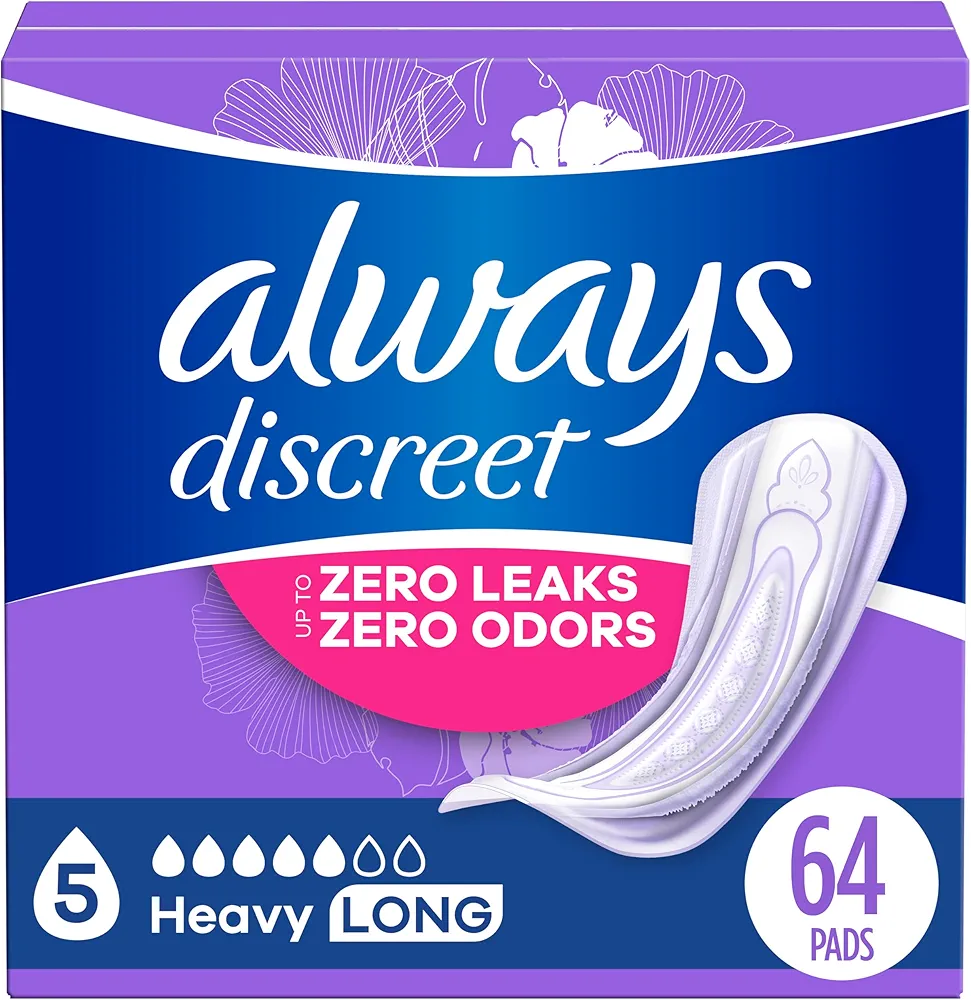 Always Discreet Adult Incontinence Pads for Women, Heavy Absorbency, Long Length, Postpartum Pads, 64 CT