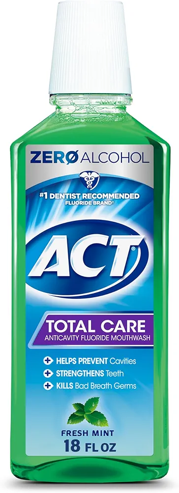 ACT Total Care Zero Alcohol Anticavity Fluoride Mouthwash 18 fl. oz. Kills Bad Breath Germs, Fresh Mint