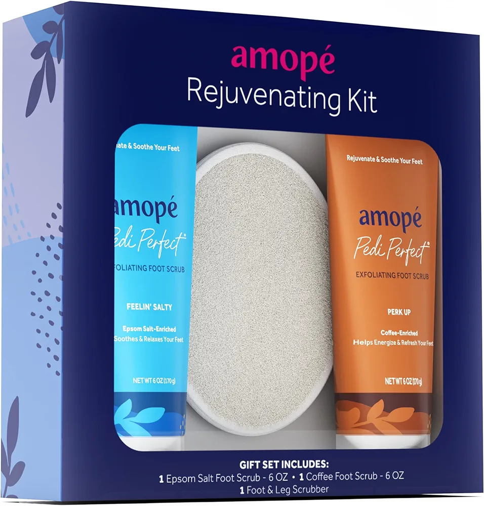 Amopé Rejuvenating Kit - Contains Exfoliating Sugar Foot Scrubs with Epsom Salt, Coffee and a Nourishing Blend of Moisturizers to Rejuvenate, Smooth, Soothe & Relax your Feet, with Foot & Leg Scrubber