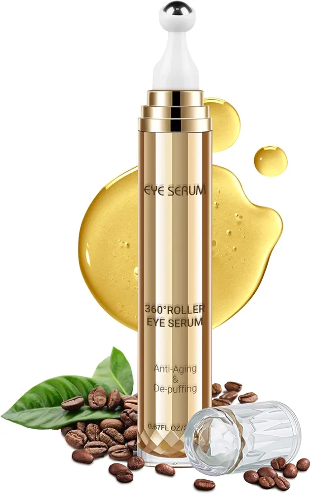 5% Caffeine Eye Serum, 0.67 Fl. Oz. Under Eye Cream for Dark Circles and Puffiness Eye Care Eye Serum Anti Aging with 360° Massage Ball Reduce Eye Bags, Wrinkles and Fine Lines