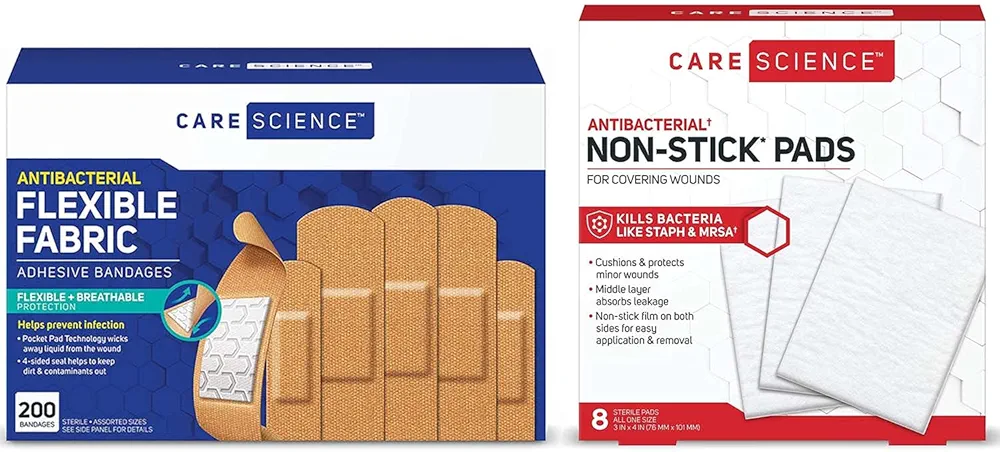 Care Science Assorted Adhesive Bandages, 200 ct + Non Adherent Pads, 3 in x 4 in, 8 ct Bundle