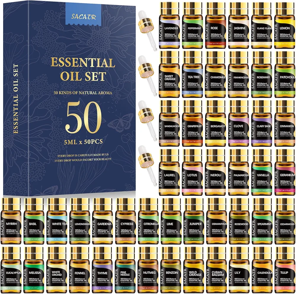 50 Pcs Essential Oils by SACATR 100% Natural Essential Oil Set -Aromatherapy Oils Gift Set for Diffuser, Home Care, Soap, Bath Bombs,Candle Making(50 * 5ML)