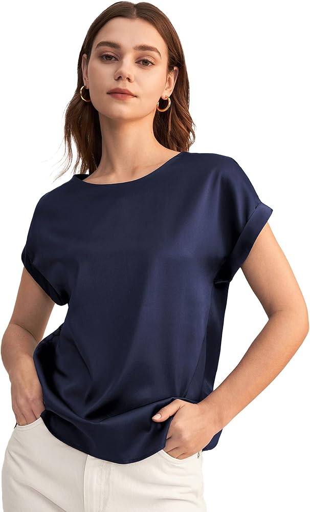 LilySilk Silk Blouses for Women Short Sleeve Basic Silk Top for Spring Summer Work Causal