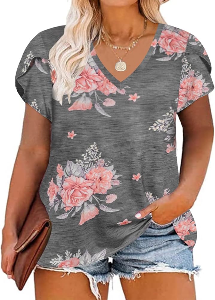 RITERA Plus Size Tops for Women Floral/Solid Color Short Sleeve V Neck with Ring Hole Summer Tshirt XL-5XL