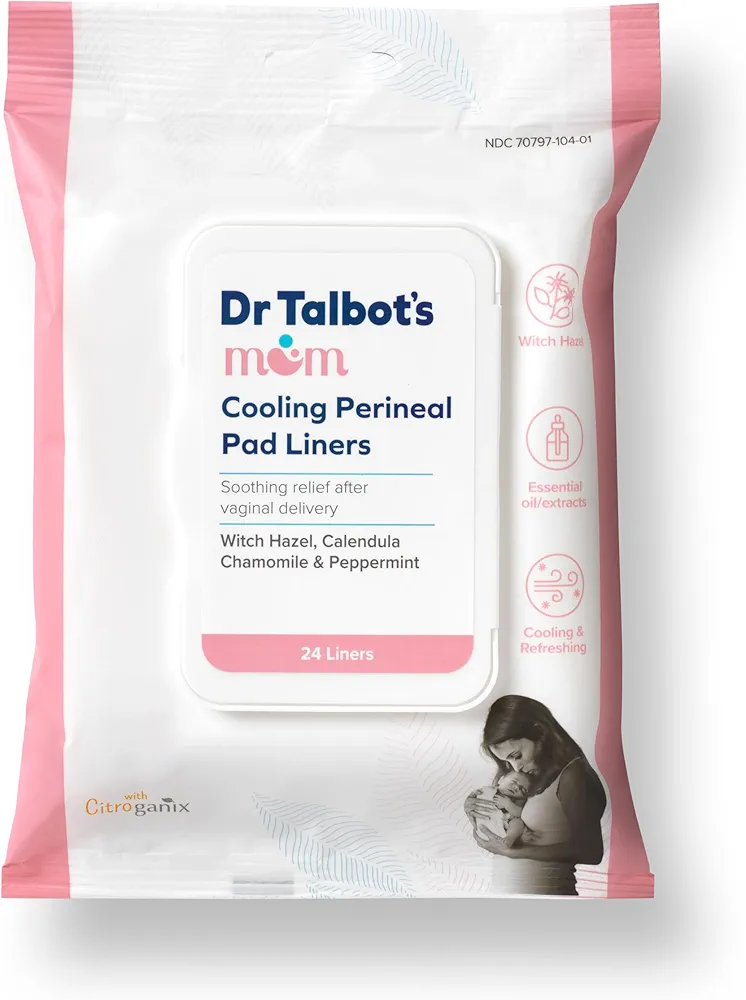 Dr. Talbot's Mom Postpartum Perineal Pad Liners - Instant Cooling Witch Hazel Pad Liners for Postpartum Care - 24 Liners