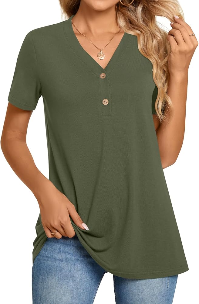 BISHUIGE Womens Henley Tunic Tops Button Up T-Shirts V-Neck Casual Blouses