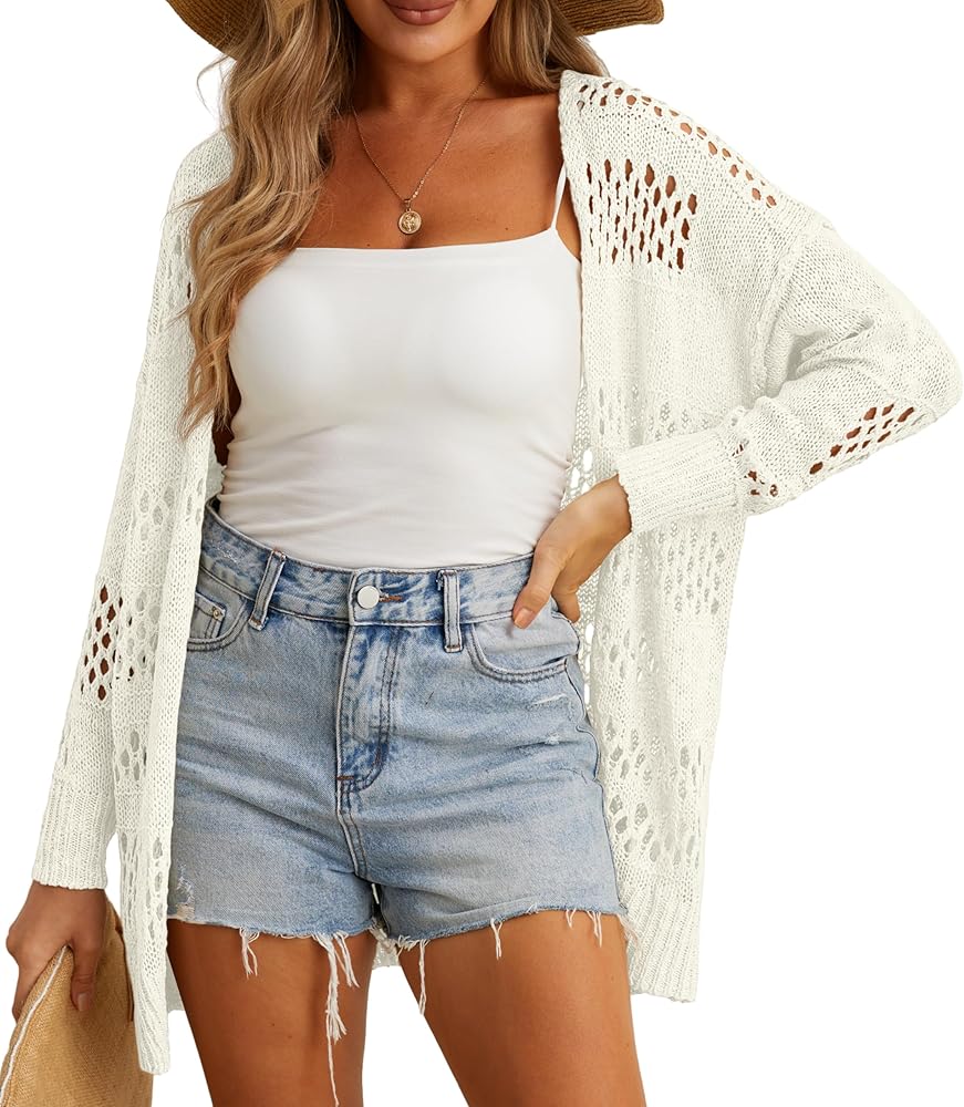 GRECERELLE Womens 2024 Summer Crochet Cardigan Sweaters Long Sleeve Boho Oversized Open Front Outwear