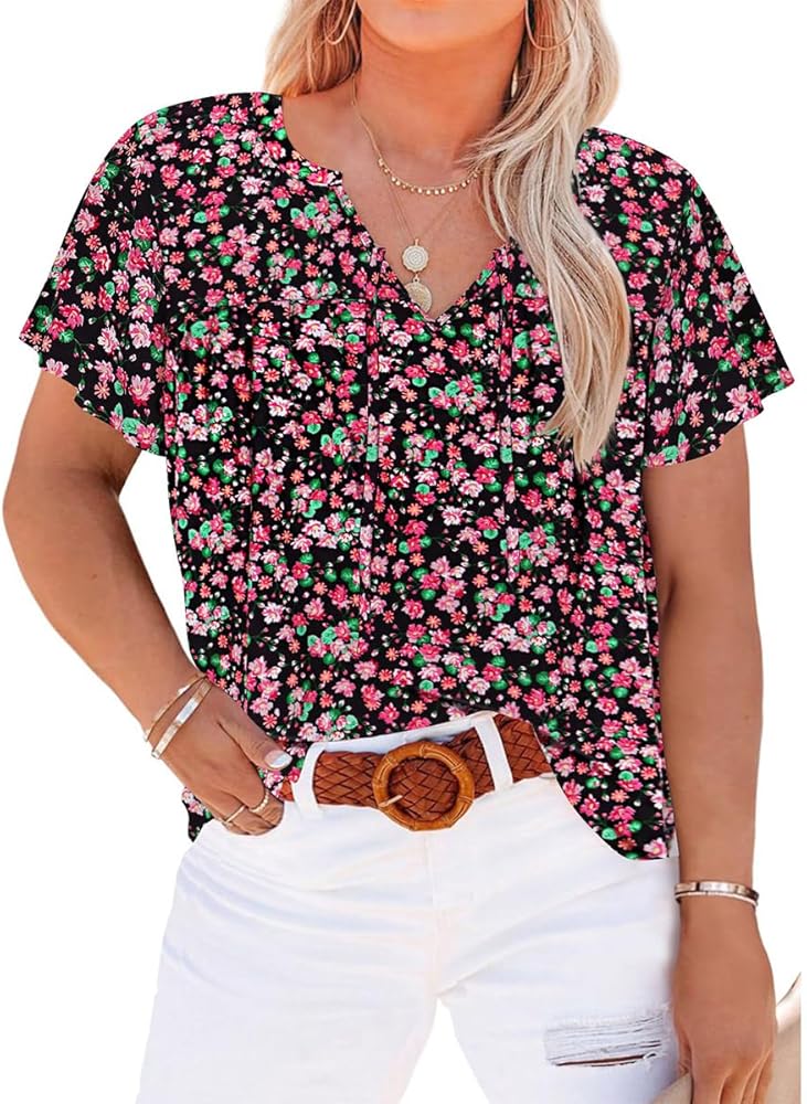 RITERA Plus Size Blouse for Women V Neck Short Sleeve Tops Pullover Flower Pattern Shirts Oversize Tunic 12W-28W Xl-5Xl