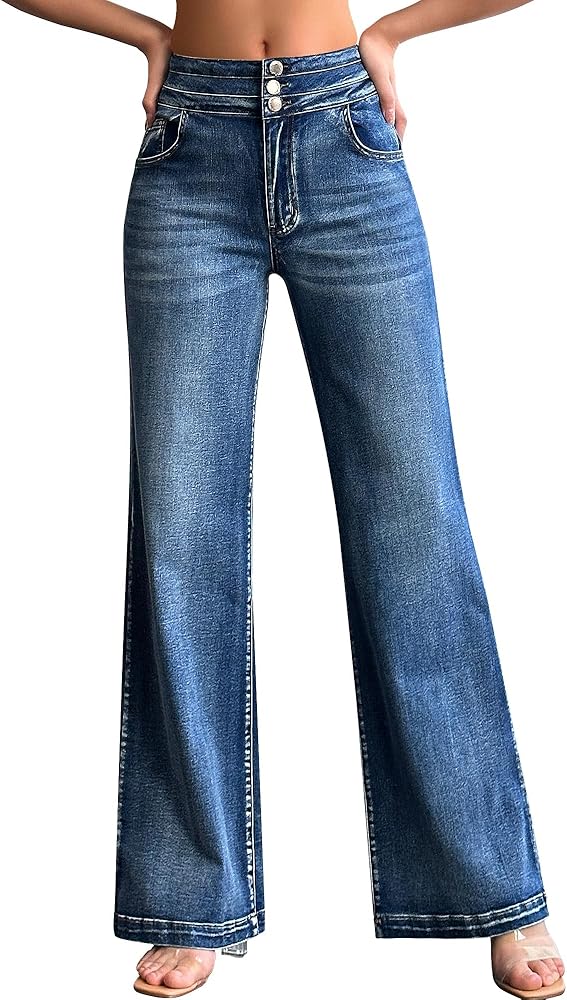 roswear Women's Wide Leg Jeans Casual High Waisted Stretch Baggy Loose Denim Pants