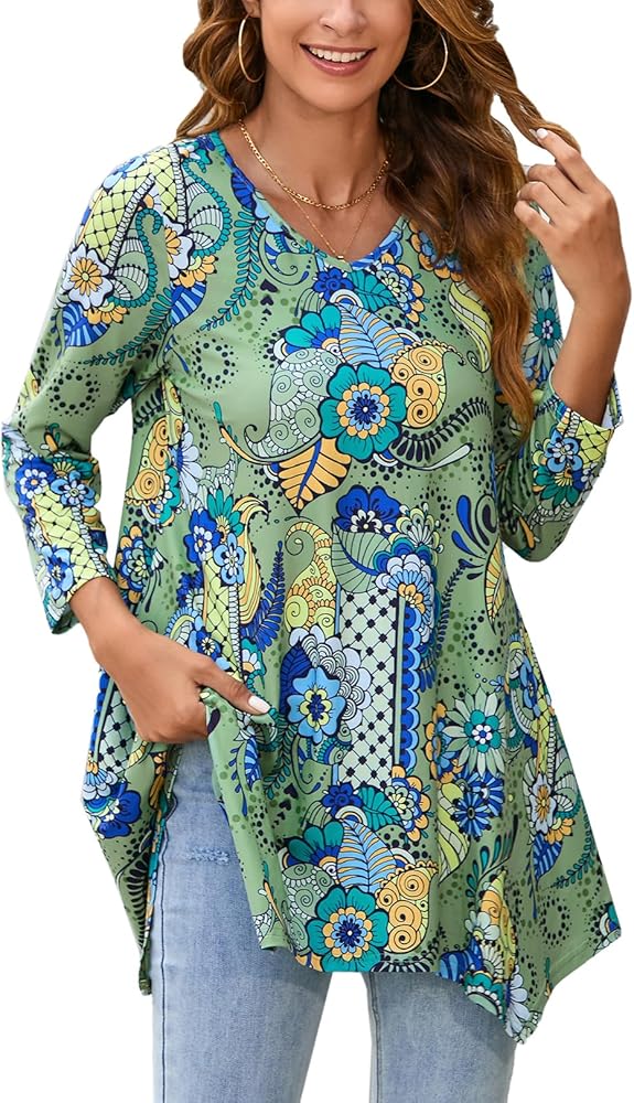 ENMAIN Tunic Tops for Women 3/4 Sleeve Plus Size Women's Tunics Loose Fit Floral Swing Flare Ladies Blouse for Leggings